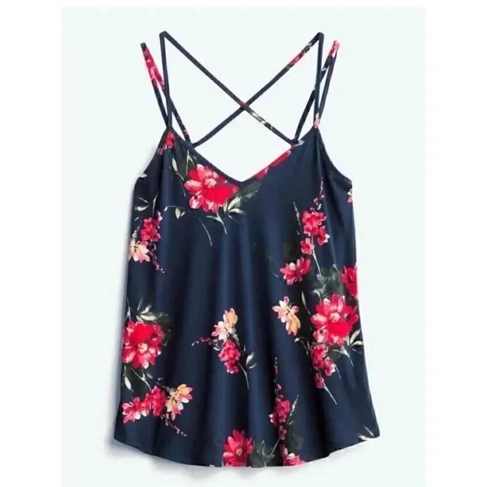Papermoon Navy Red Floral Strappy Plus Size Sporty Casual Bohemian SZ 2X # 1894